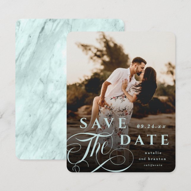 Elegantes Pastel Mint Typografy & Marble Back Foto Save The Date (Vorne/Hinten)