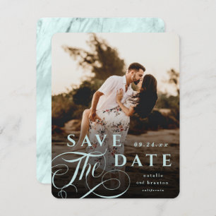Elegantes Pastel Mint Typografy & Marble Back Foto Save The Date