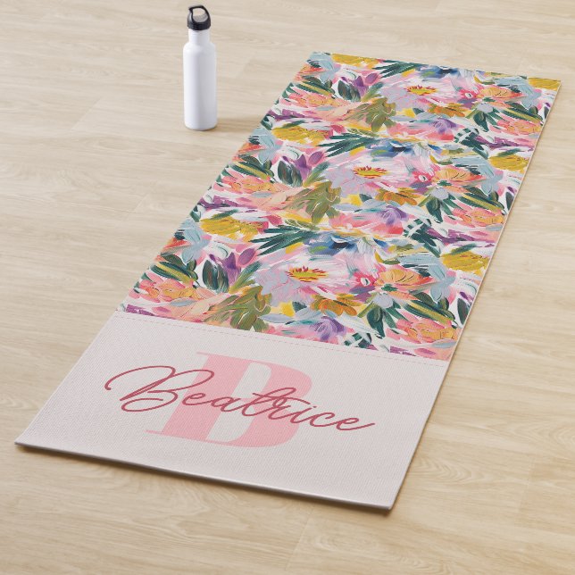 Elegantes Pastel Pink Abstrakt Floral Name Monogra Yogamatte (Beispiel)