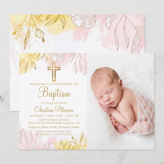 Elegantes Pastel Pink Gold Floral Girl Taufe Foto Einladung (Vorne/Hinten)