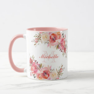 Elegantes Pastel Pink Peach Rose Floral Monogramm Tasse