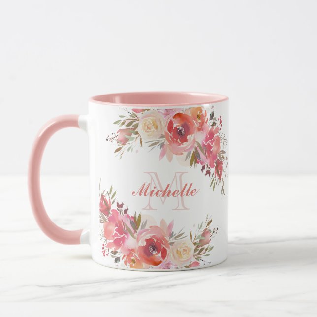 Elegantes Pastel Pink Peach Rose Floral Monogramm Tasse (Links)