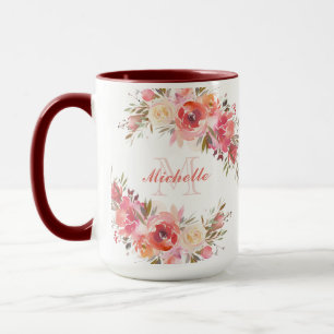Elegantes Pastel Pink Peach Rose Floral Monogramm Tasse