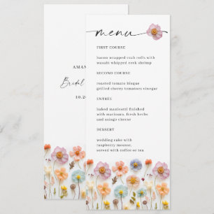 Elegantes Pastel Pink Wildblume Brautparty Menü Einladung