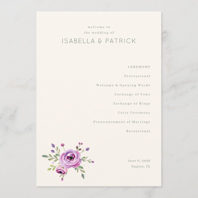 Elegantes Pastell-Blumen-Hochzeitszeremonie-Progra Programm (Vorderseite)