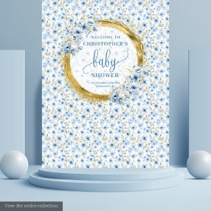 Elegantes Pastellblau Gold Blumen Baby Shower Bann Wandteppich