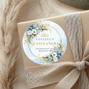 Elegantes Pastellblau Gold Eukalyptus Quinceañera  Runder Aufkleber
