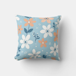 Elegantes Pastellblau- und Pfirsich-Blumen-Wurfkis Kissen
