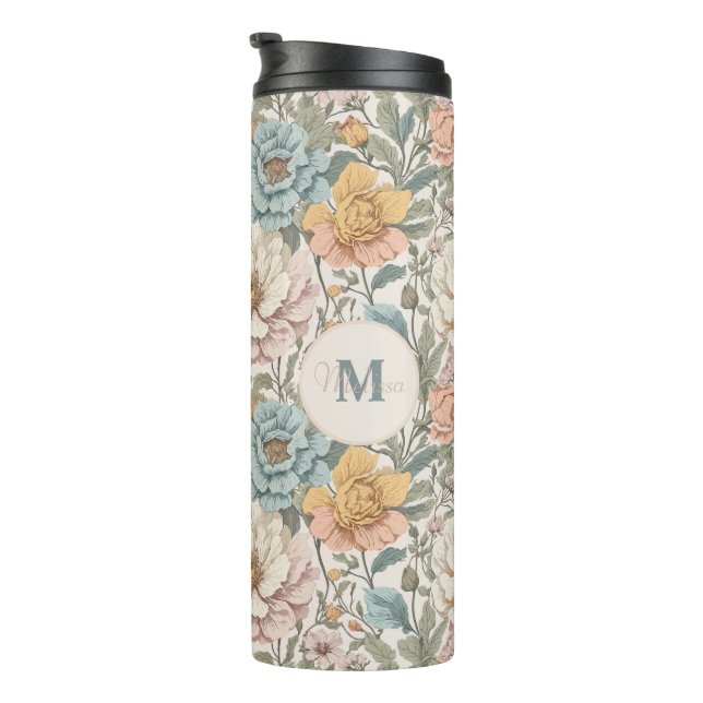 Elegantes Pastellfarben, Vintages Blumenmonogramm Thermosbecher (Nach rechts gedreht)