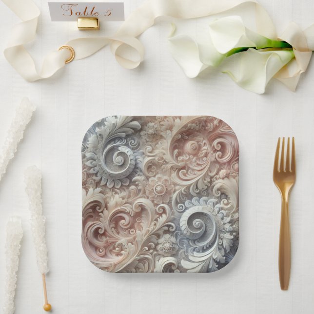 Elegantes, pastellfarbenes Spitzenmuster Pappteller (Hochzeit)