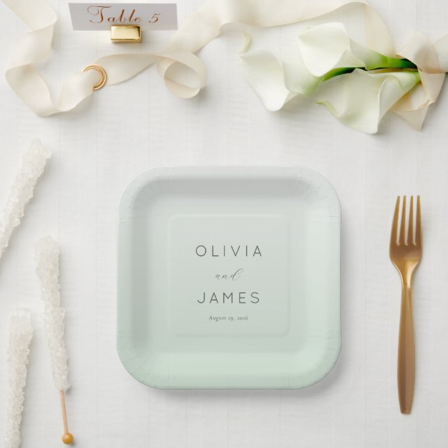 Elegantes Pastellgrün Minimalistisch Pappteller (Hochzeit)