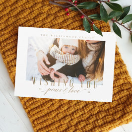 Elegantes Peace & Liebe Gold Typografy Foto Feiertagskarte