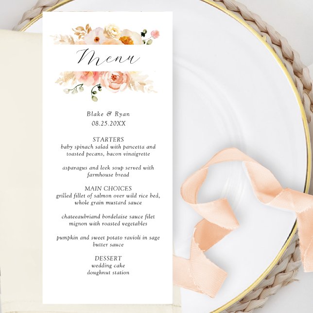 Elegantes Peach, Blush and Champagne Wedding Menu Menükarte (Von Creator hochgeladen)