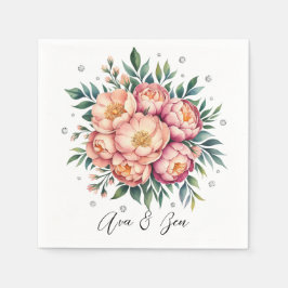 Elegantes Peach Bouquet mit Diamonds Wedding Serviette