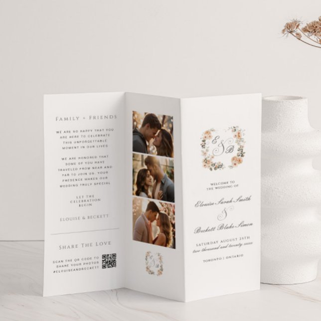 Elegantes Peach Floral Trifold Wedding Program (Von Creator hochgeladen)