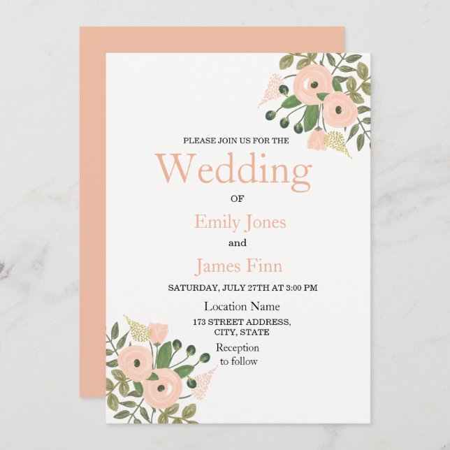Elegantes Peach Floral Wedding Invitation Set Einladung (Vorne/Hinten)