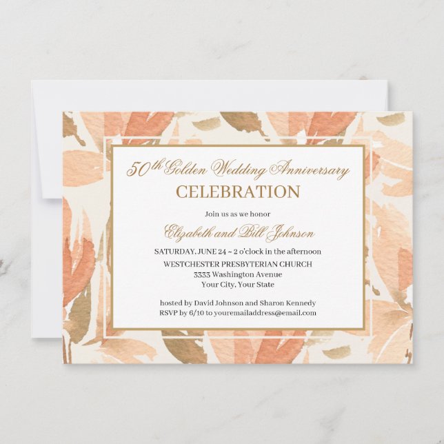 Elegantes Peach Gold Cream 50. Hochzeitstag Einladung (Vorderseite)