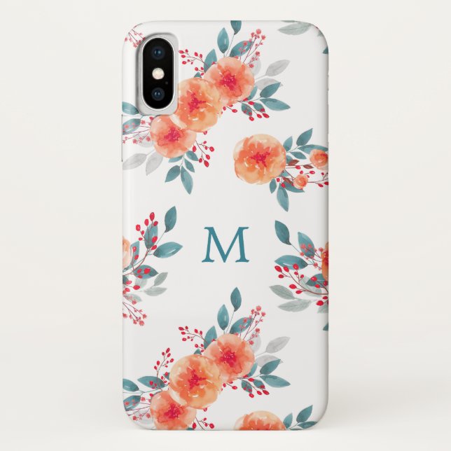 Elegantes Peach & Green Floral Monogramm Case-Mate iPhone Hülle (Rückseite)