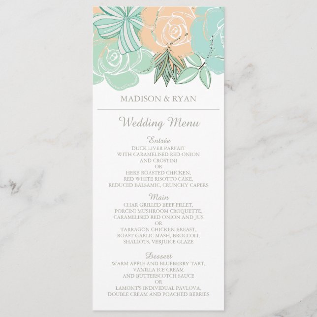 Elegantes Peach Mint Floral Wedding Menu Menükarte (Vorderseite)