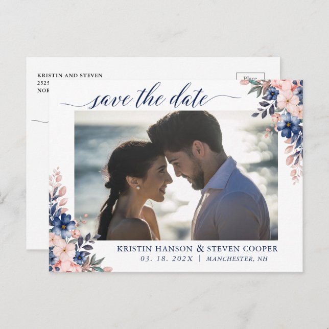 Elegantes Peach Navy Blue Floral Foto Save the Dat Postkarte (Vorne/Hinten)