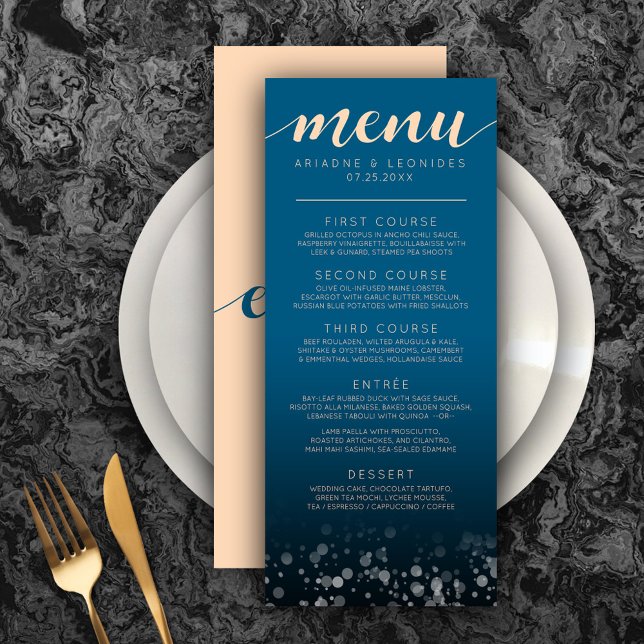 Elegantes Peach Oceanic Blue Wedding Dinner Menü Menükarte (Elegant Peach and Oceanic Blue Wedding Menu Rack Card Cover Photo.)