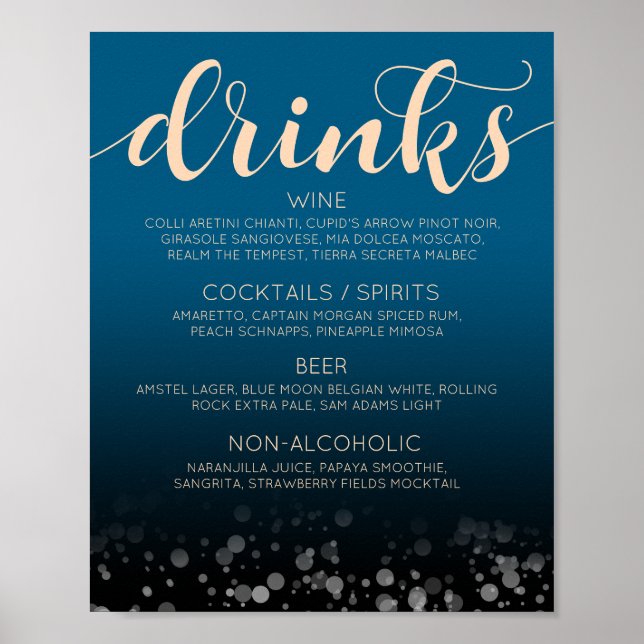 Elegantes Peach Oceanic Blue Wedding Drinks Bar Me Poster (Vorne)