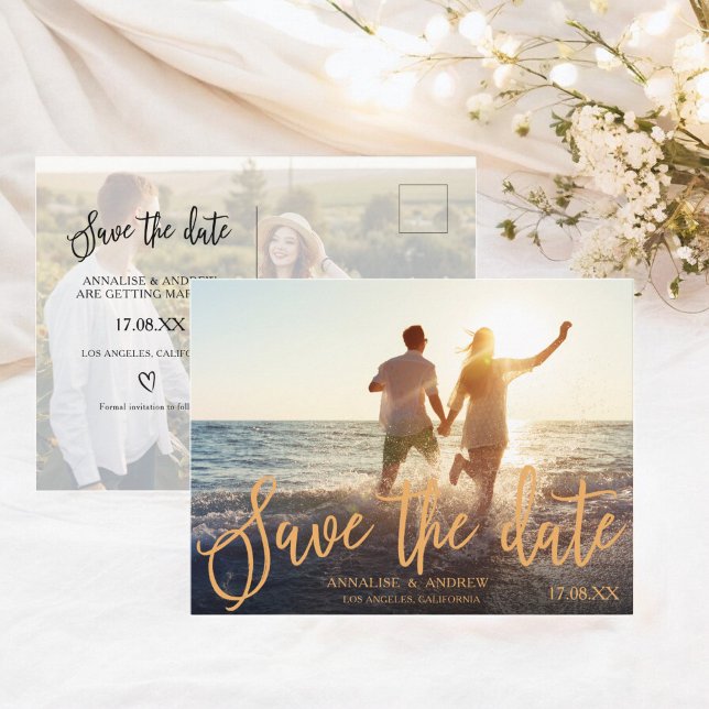 Elegantes peach orange Skript 2 Fotos Save the Dat Postkarte (Elegant peach orange script 2 photos save the date postcard)