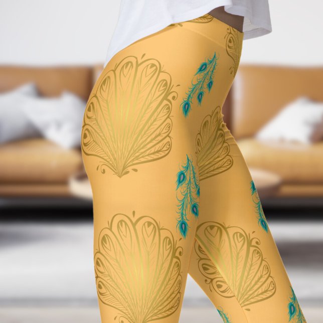 Elegantes Peach Peacock Fan Muster Leggings (Peacock Fan on Peach Leggings)