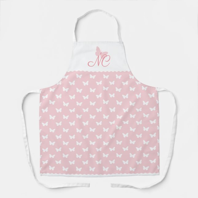 Elegantes Peach Pink Monogram Butterfly Muster Schürze (Vorderseite)