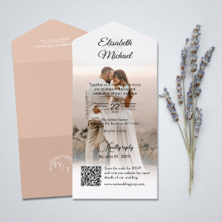 Elegantes Peach QR Code Foto Hochzeit All In One Einladung