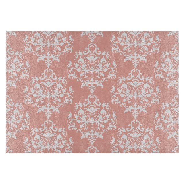 Elegantes Peach- und White Damask-Muster Schneidebrett (Vorderseite)