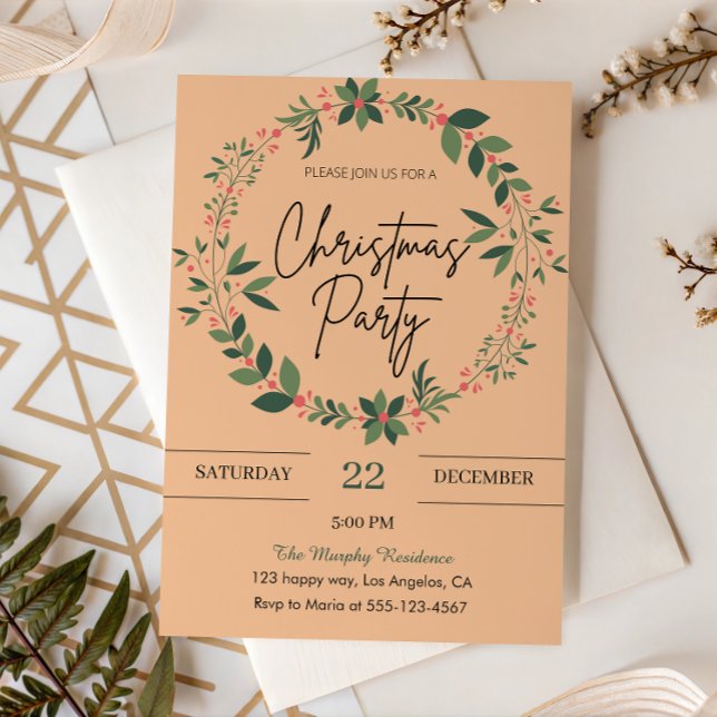 Elegantes Peach Wreath Weihnachts-Party Einladung (Von Creator hochgeladen)