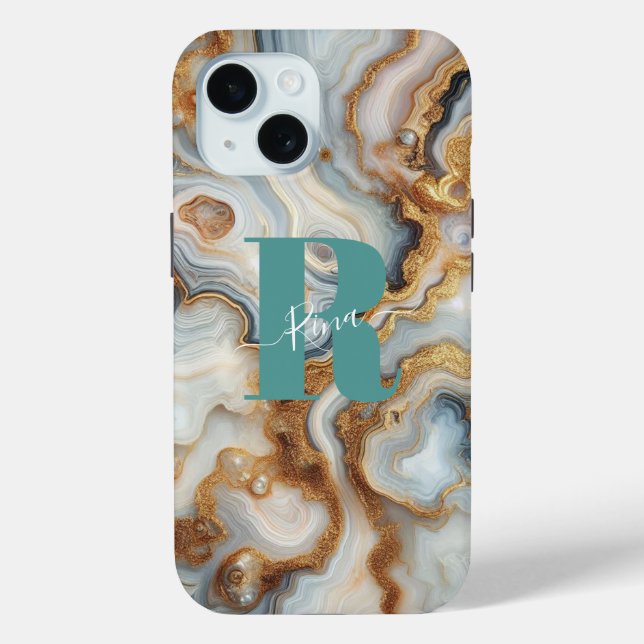 Elegantes Pearl Golden Agate Custom Monogram Case-Mate iPhone Hülle (Rückseite)
