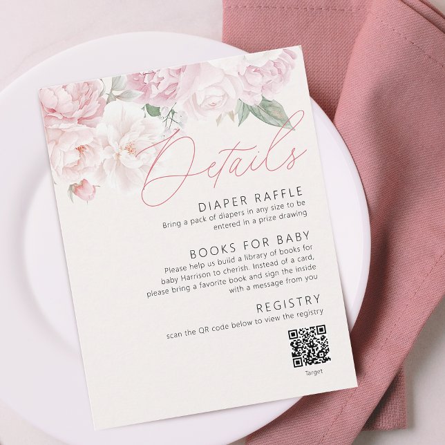 Elegantes Peonies Girl Baby Shower Details QR Code Begleitkarte (Elegant Peonies Girl Baby Shower Details QR Code Enclosure Card)