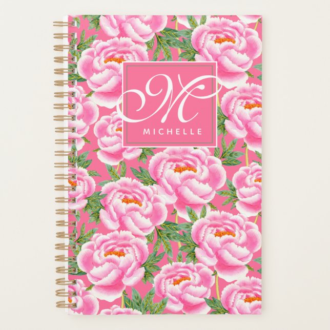 Elegantes Peonies-Muster - Hot Pink, Mit Monogramm Planer (Vorderseite)