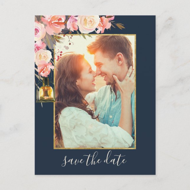 Elegantes Peonies Rustic Lanterns Navy Coral Foto Ankündigungspostkarte (Vorderseite)