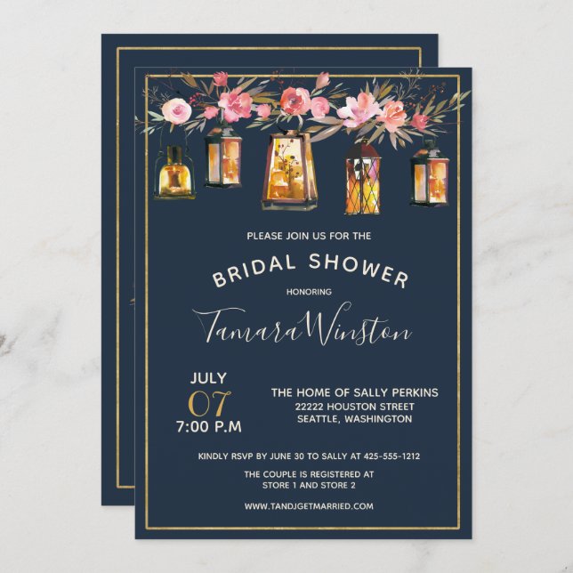 Elegantes Peonies Rustic Lanterns Navy Koral Flora Einladung (Vorne/Hinten)