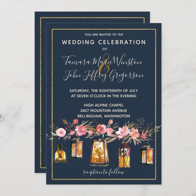 Elegantes Peonies Rustic Lanterns Navy Koral Flora Einladung (Vorne/Hinten)