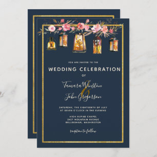 Elegantes Peonies Rustic Lanterns Navy Korallenhoc Einladung