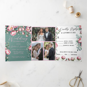 Elegantes Peony Bouquet im Wasser Hochzeitsempfang Dreifach Gefaltete Urlaubskarte