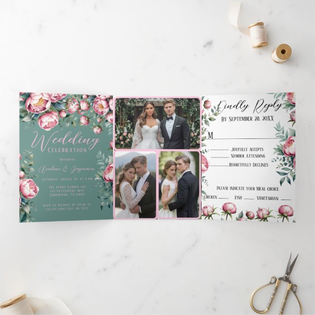 Elegantes Peony Bouquet im Wasser Hochzeitsempfang Dreifach Gefaltete Urlaubskarte (Innenseite)