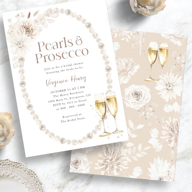 Elegantes Perlen und Prosecco-Brautparty Einladung (Elegant Pearls and Prosecco Bridal Shower Invitation
)
