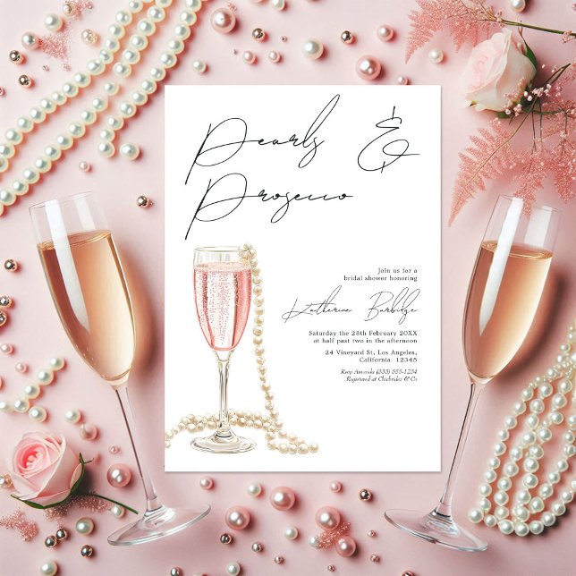 Elegantes Perlen und Prosecco-Brautparty Einladung (Elegant Pearls and Prosecco Bridal Shower Invitation)