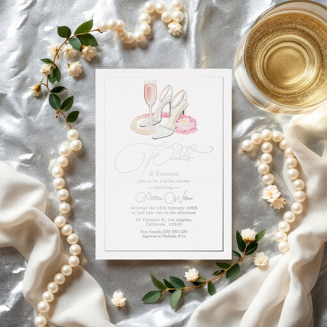 Elegantes Perlen und Prosecco-Brautparty Folieneinladung (Elegant Pearls and Prosecco Bridal Shower Foil Invitation)