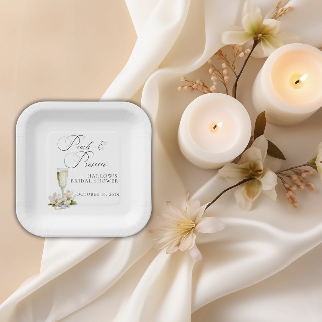 Elegantes Perlen und Prosecco-Brautparty Pappteller (Pearls and Prosecco Bridal Shower Paper Plates)