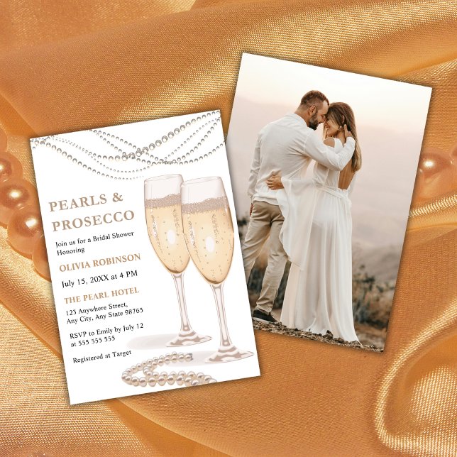 Elegantes Perlen und Prosecco Foto Brautparty Einladung (Modern Elegant Pearls and Prosecco Photo Bridal Shower Invitation  )