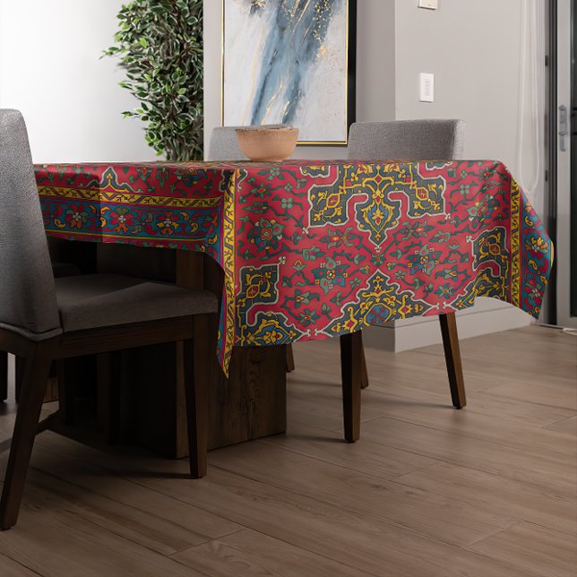 Elegantes Persisches Rug Pattern Tischdecke (A modern table is covered with an Elegant Persian Rug Pattern Tablecloth.)