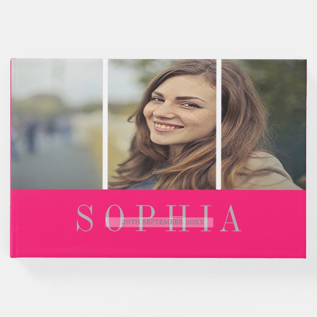 Elegantes Personal Foto Bat Mitzvah Pink Silver Gästebuch (Vorderseite)