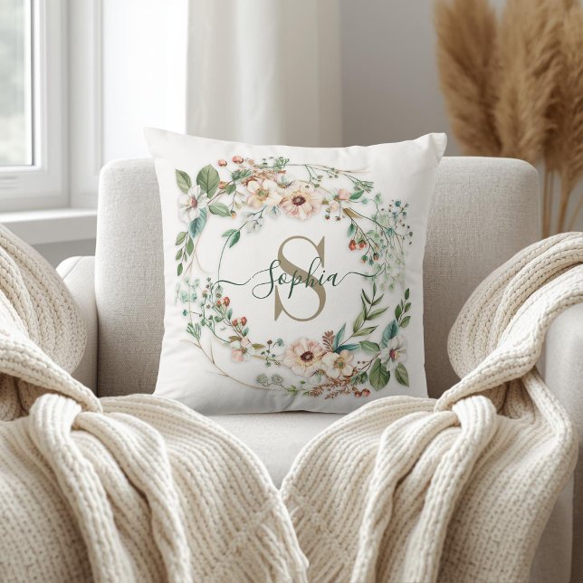 Elegantes Personalisiertes Florales Monogramm Name Kissen (Von Creator hochgeladen)