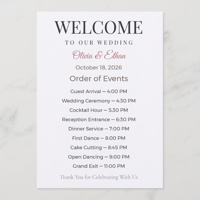Elegantes personalisiertes Hochzeitsprogramm Programm (Vorderseite)
